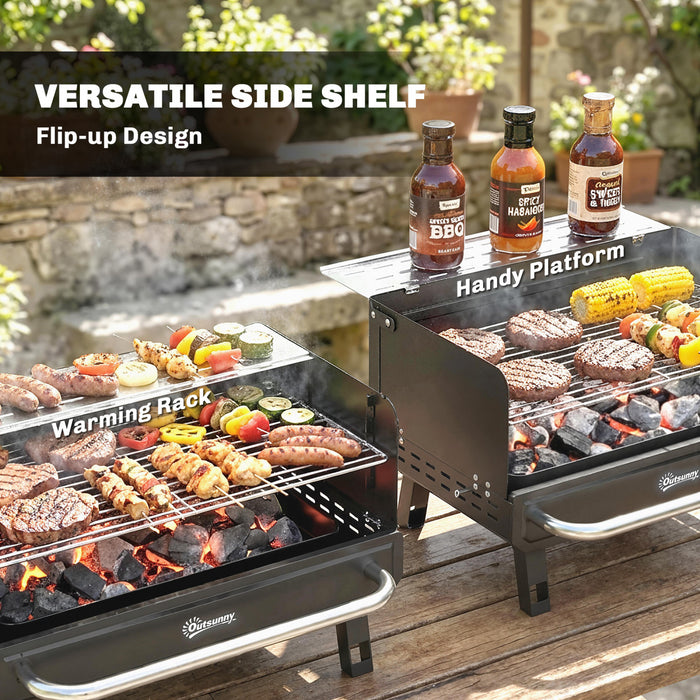 Outsunny Charcoal BBQ Grill, Portable Barbecue Grill with Adjustable Grates, Foldable Legs and Side Shelf for Camping Hiking Picnic Travel Garden Outdoor Cooking, Black