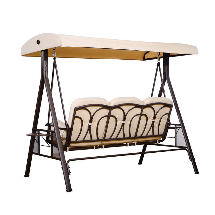 Outsunny 3 Seater Porch Swing Heavy Duty Outdoor Swing Chair Outdoor Lounge Hammock Cushioned Seat W/ Tilt Canopy, Beige