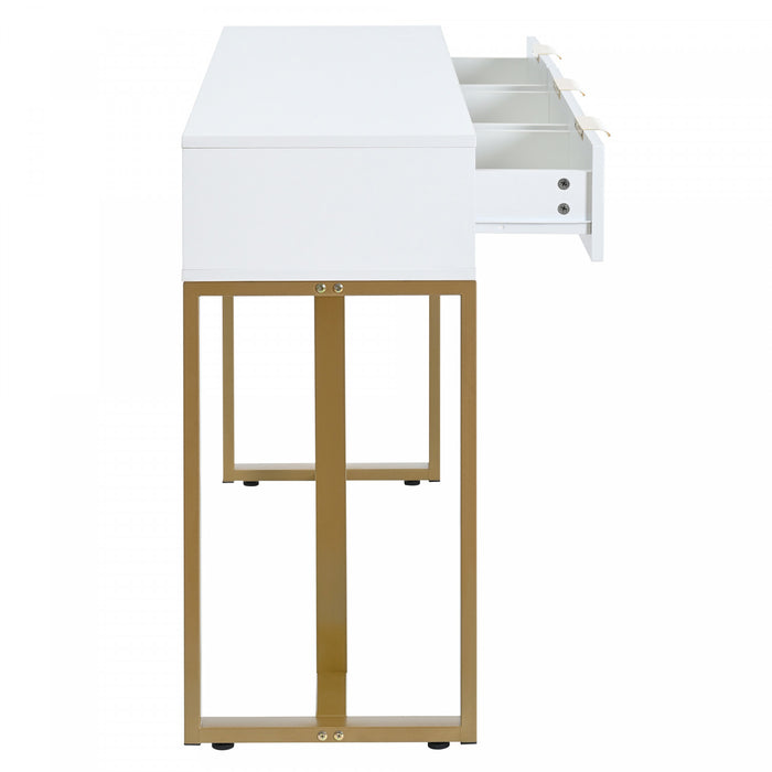 Horizon Modern Console Table with Geometric Drawers and Gold Frame, White/Gold