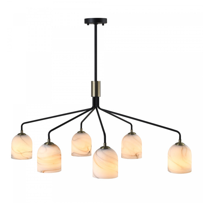 Crema 6 Light Chandelier, Black, Brushed Brass With Alabaster Style Glass