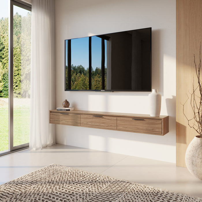 Nordika Slim 72\" Wall-Mounted TV Stand with 3 Storage Cabinets - Light Walnut