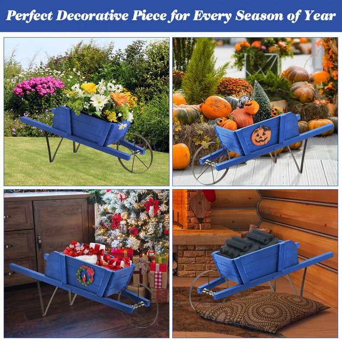Costway Wooden Wagon Planter Decorative Indoor/outdoor Rustic Flower Cart With Wheel Blue