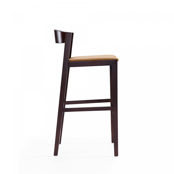 Klismos Mid-Century Modern Wood Upholstered Barstool in Camel - Set of 3