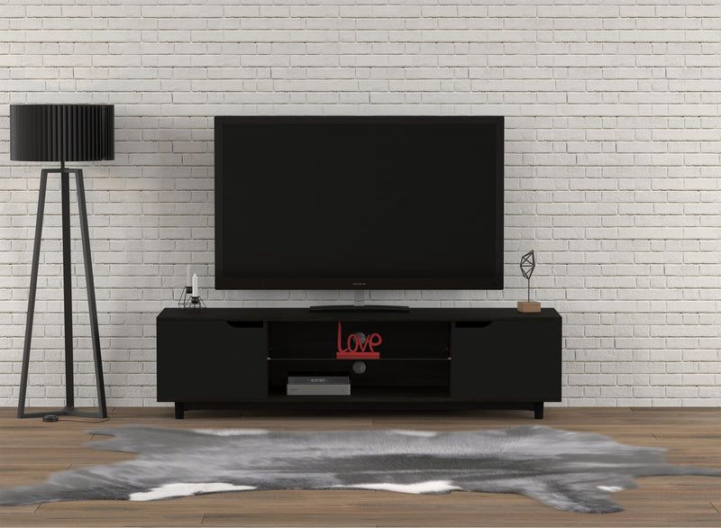 59” TV Stand With 2 Shelves and 2 Black Doors - Dark Grey Wood
