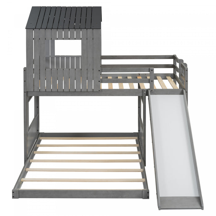 Marico Twin Over Solid Wood Full Bunk Bed With Slide, Playhouse Design, Antique Grey