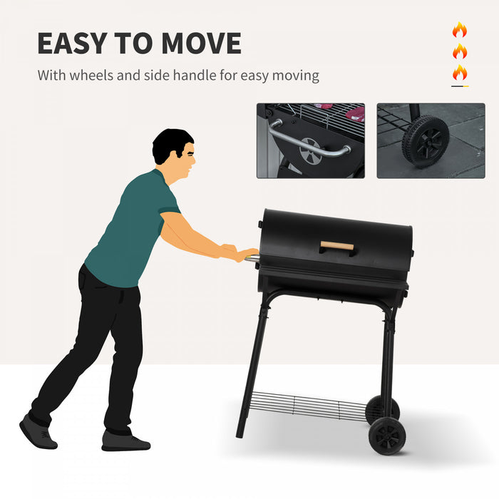 Outsunny 30\" Portable Barrel Charcoal BBQ Grill, Steel Outdoor Barbecue Smoker with 370 Square Inches Cooking Space, Storage Shelf, Wheels for Garden Camping Picnic, Black