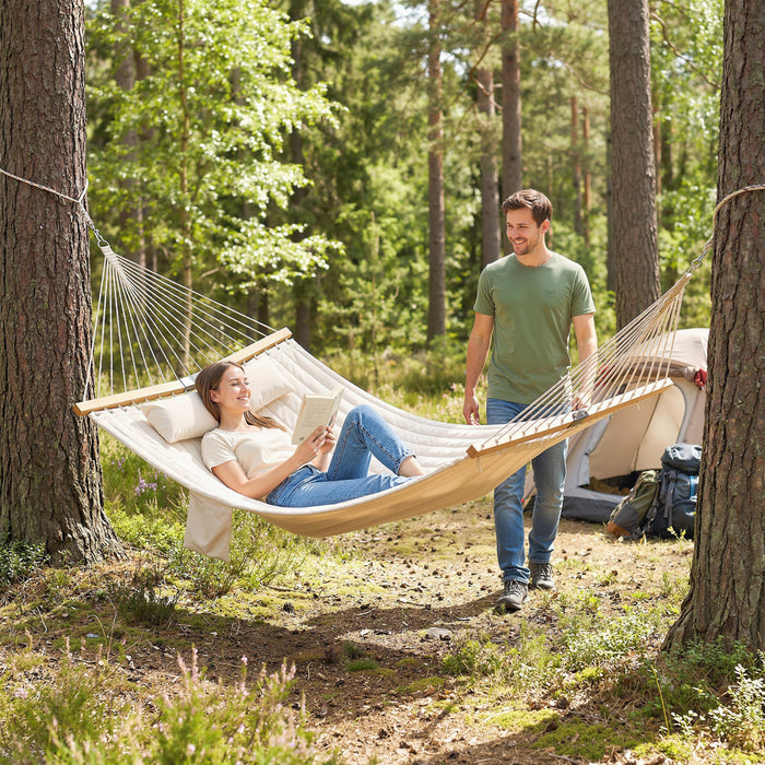 Outsunny Outdoor Hammock 440LB Capacity with Wood Spreader Bar, Cream White
