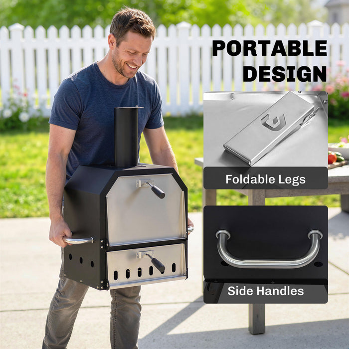 Outsunny Outdoor Pizza Oven with 12\" Stone, Peel, Wood Fired 2-Layer Portable Stainless Steel Pizza Maker with Foldable Legs, Handles for Backyard Camping Party Picnic BBQ