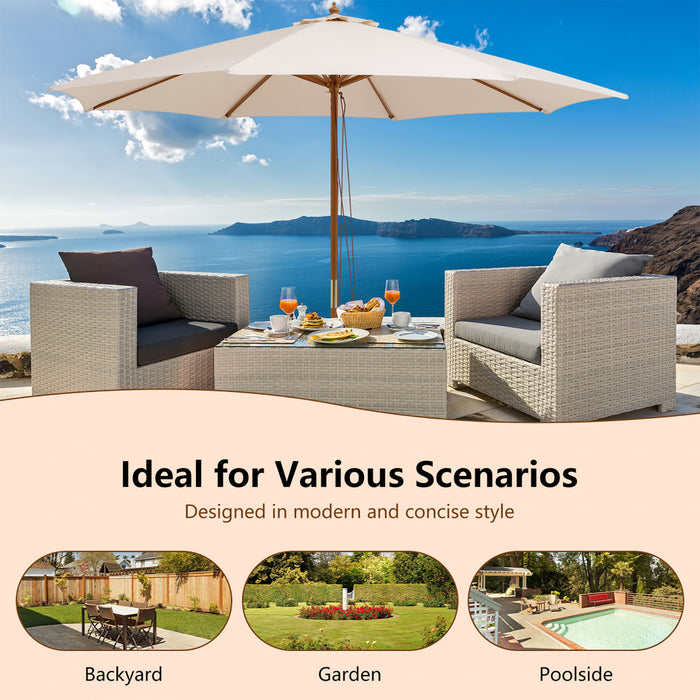 10FT Patio Wooden Market Table Umbrella Pulley w/8 Bamboo Ribs Sunshade Canopy