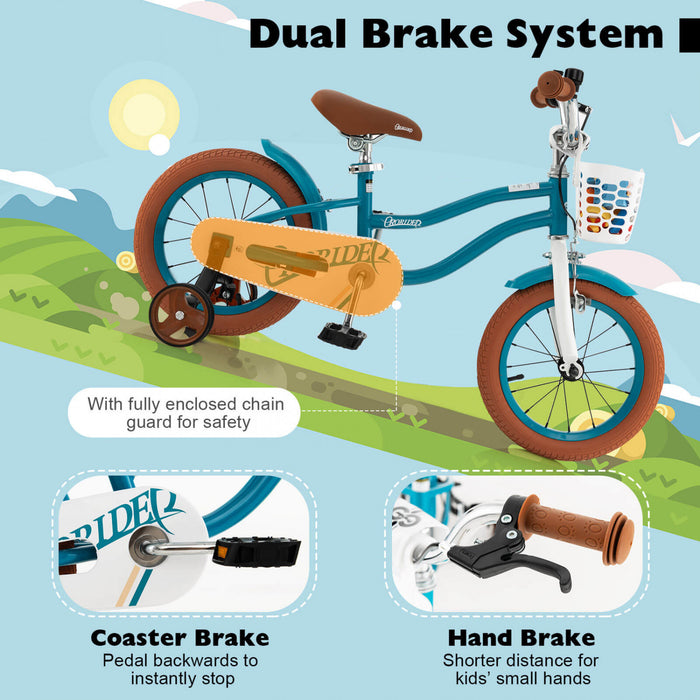 Costway 12\" Kid's Bike With Removable Training Wheels & Basket For 3-4 Years Old Turquoise