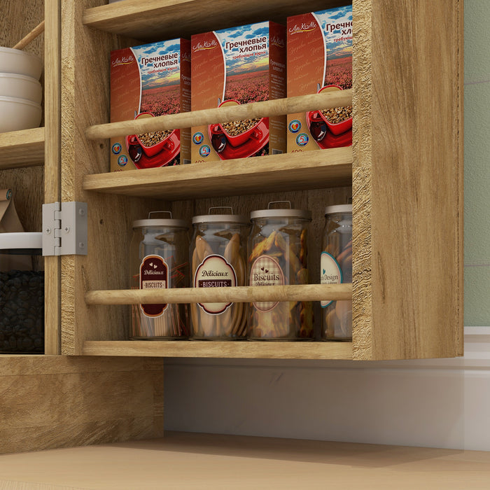 HOMCOM 41\" Rattan Kitchen Pantry Storage Cabinet with Spice Racks Natural