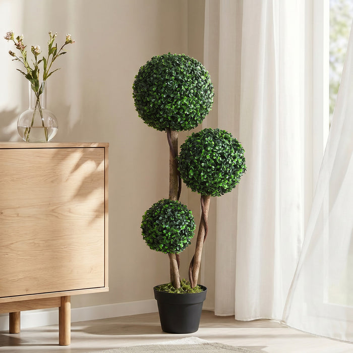 HOMCOM 35 Inch Artificial Boxwood Triple Ball Topiary Tree, Dark Green