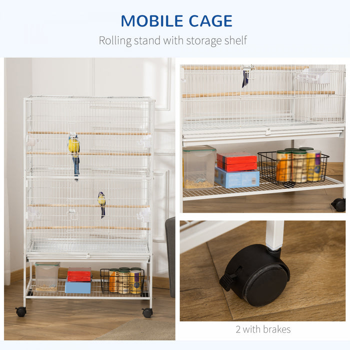Pawhut 52\" Large Rolling Steel Bird Cage Bird House With Rolling Stand, Storage Shelf, Wood Perch, Food Container, White
