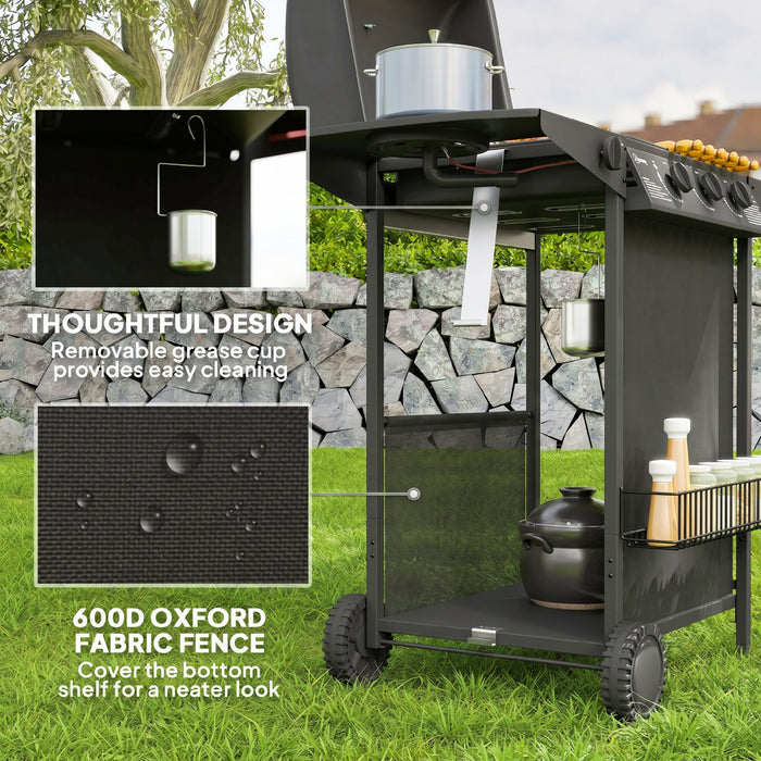 Outsunny 3+1 Burner Propane Gas BBQ Grill with Thermometer, Portable Gas Barbecue Grill, Side Burner, Lid, Side Table, Shelf, Spice Rack, Wheels, Grease Cup for Garden, Black
