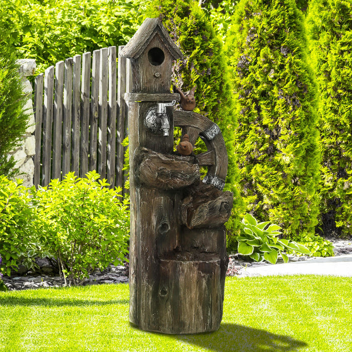 Outsunny 2-in-1 Outdoor Water Fountain with Birdhouse, Outdoor Waterfall