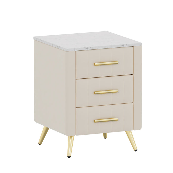 Dylan Upholstered Wooden Nightstand with 3 Drawers and Metal Legs,Beige