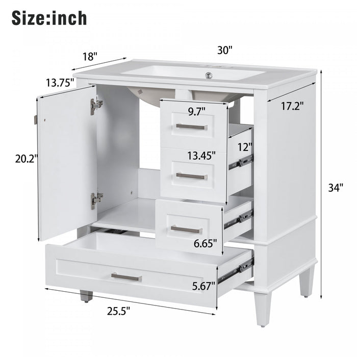 Jonas 24\" Solid Wood Bathroom Vanity Cabinet With Storage Drawers And Door - White