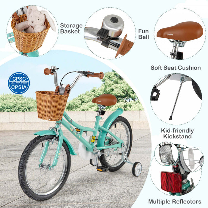 Costway 18\" Kids Bike With Height Adjustable Handlebar Seat Basket Bell Training Wheels Green
