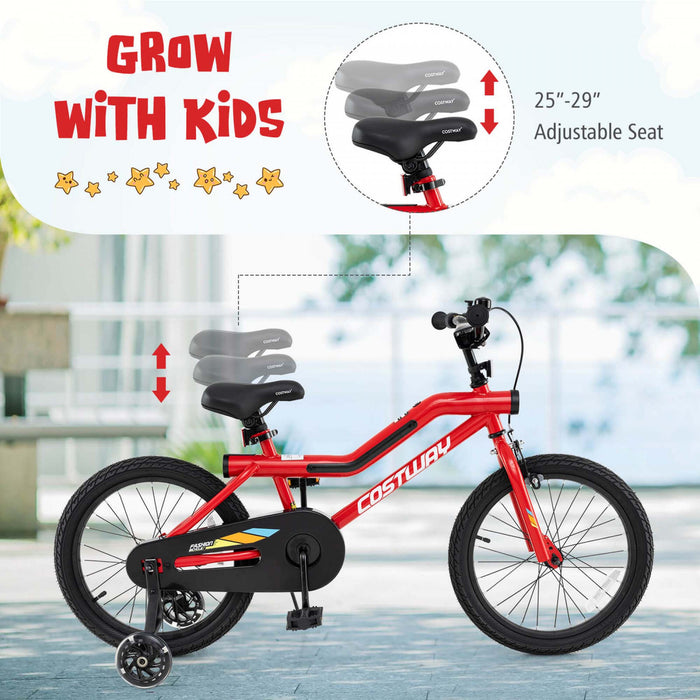 Costway 18\" Led Lighted Kids Bike With Adjustable Seat Coaster Brake Training Wheels Red