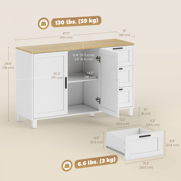 HOMCOM 47\" Buffet Cabinet with Soft-Close Doors, Modern Sideboard, White
