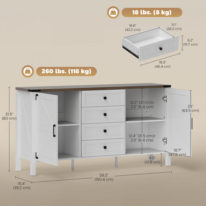 HOMCOM 59\" Farmhouse Sideboard Buffet Cabinet with 2 Barn Doors, White