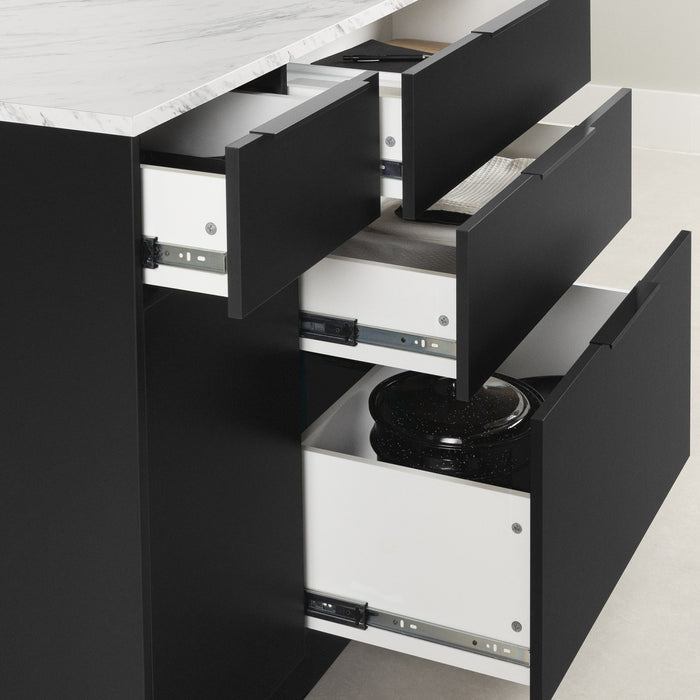 Olio Kitchen Island With Open Storage Shelf - Matte Black And Faux White Marble 