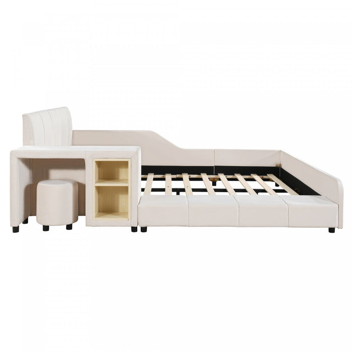 Lily Velvet Upholstered Grounded Bed with Desk and Stool,Queen Size,Beige Queen Bed