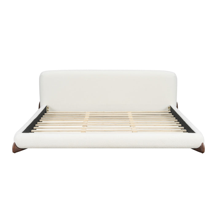 Emma Low Profile Platform Bed Frame with Curved Headboard and Boucle Upholstery, King Size,Cream White King Bed
