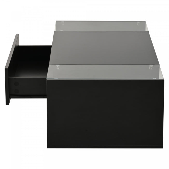 Gleam 39.3 Inch High-Gloss Coffee Table with LED Lights, Drawer and Glass Side Panels, Black