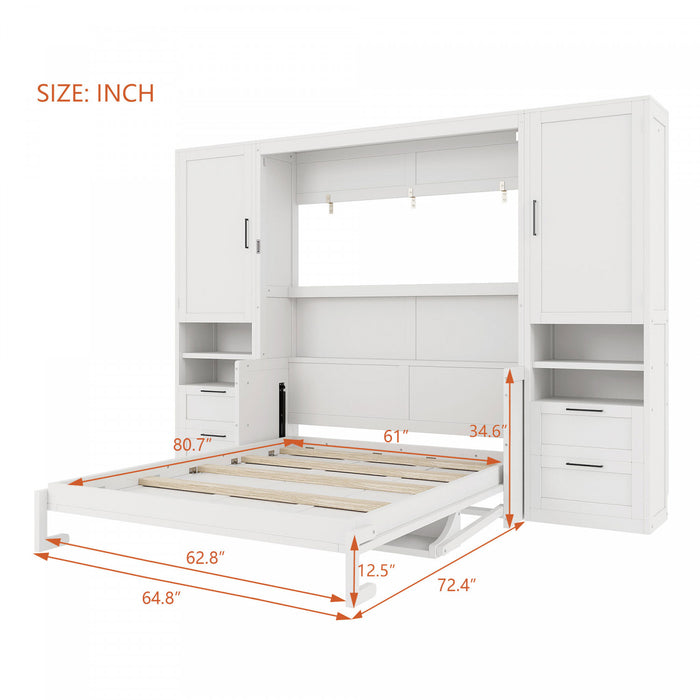 Maria Murphy Bed with Drawers and Shelves,Queen Size,White Queen Bed
