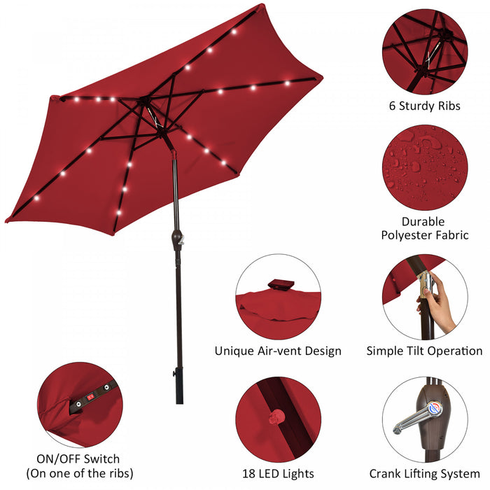 Costway 9' Solar LED Lighted Patio Market Umbrella Tilt Adjustment Crank Lift Burgundy