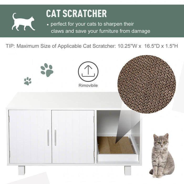 Pawhut Wooden Cat Washroom Pet Litter Box Enclosure Kitten House Nightstand End Table With Scratcher Magnetic Doors White