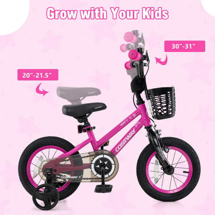 Costway 14\" Kid's Bike With Training Wheels Adjustable Handlebar & Seat Handbrake Pink