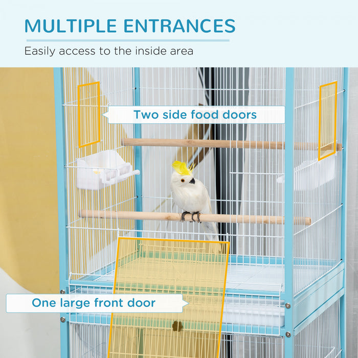 Pawhut 55.1\" 2 In 1 Bird Cage Aviary Parakeet House For Finches, Budgies With Wheels, Slide-out Trays, Wood Perch, Food Containers, Light Blue