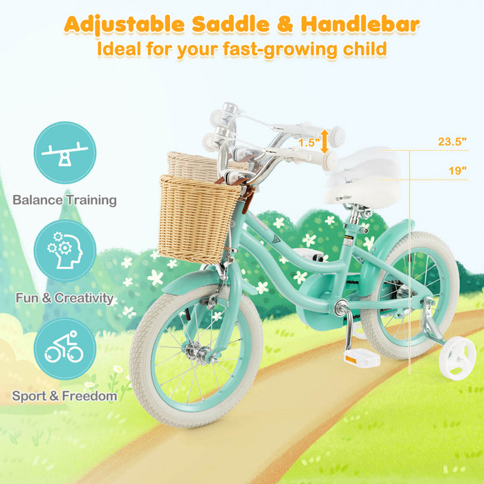 Prorider 14\" Kid's Bike With Training Wheels Adjustable Handlebar Seat Handbrake Green