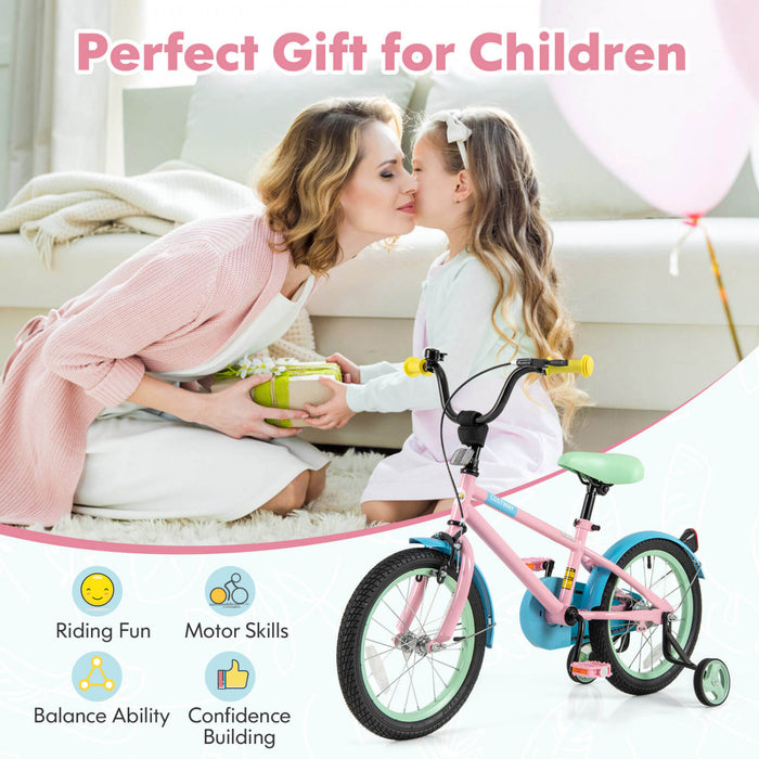 Costway 16\" Kids Bike With Adjustable Saddle Handlebar Removable Training Wheels Handbrake Pink