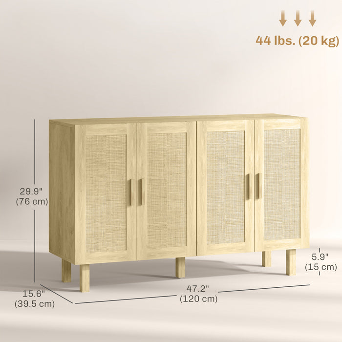 HOMCOM Boho Sideboard Buffet Cabinet with 4 Rattan Doors, Natural