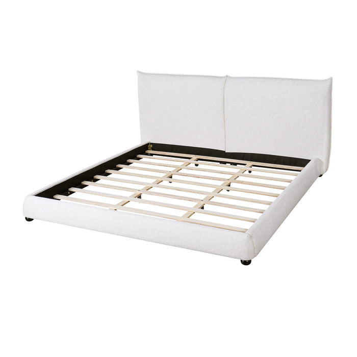 Mason Linen Blend Upholstered Platform Bed Pillow-Back Headboard,King Size,White King Bed