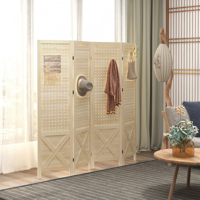 HOMCOM 4.7' 4 Panel Room Divider with Pegboard Display for Indoor