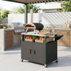 Outsunny Outdoor Grill Cart with Stainless Steel Tabletop for Kitchen Prep, 3-Shelf Pizza Oven Stand with Storage Cabinet, Movable BBQ Stand on Wheels, Black