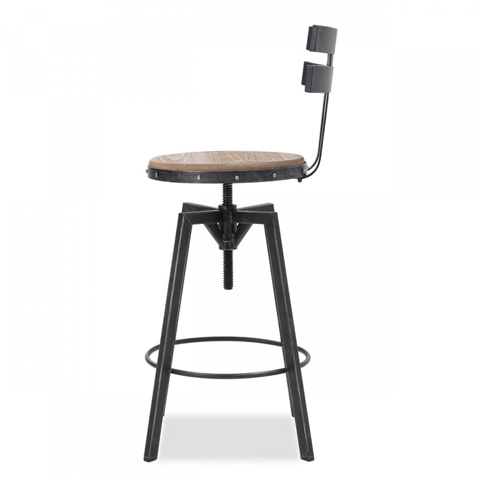 Denise Bar Stool With Swivel & Adjustable Wood Seat, Metal Frame - Antique Black