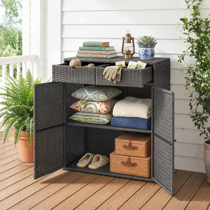 Outsunny Wicker Outdoor Storage Cabinet with 2 Drawers, Shelves, Dark Grey