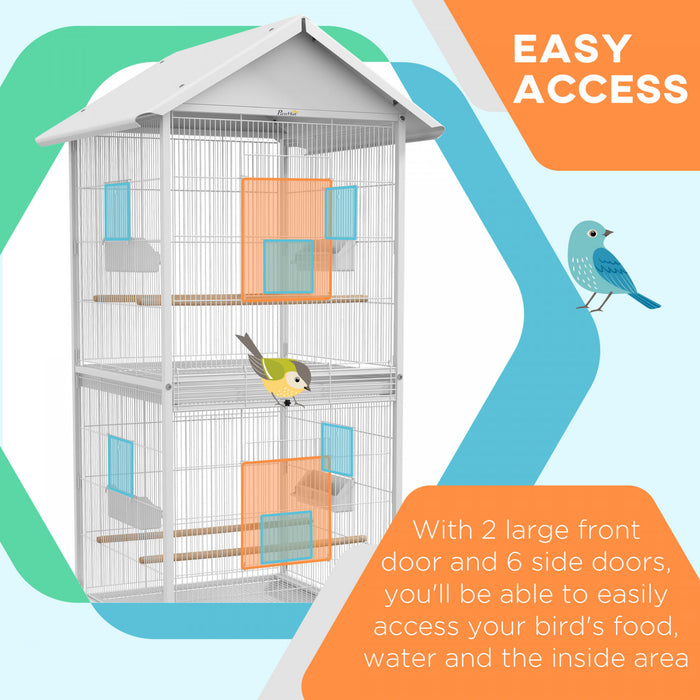 Pawhut Wrought Metal Bird Cage Feeder With Rolling Stand Perches Food Containers Doors Wheels 67\" H, White