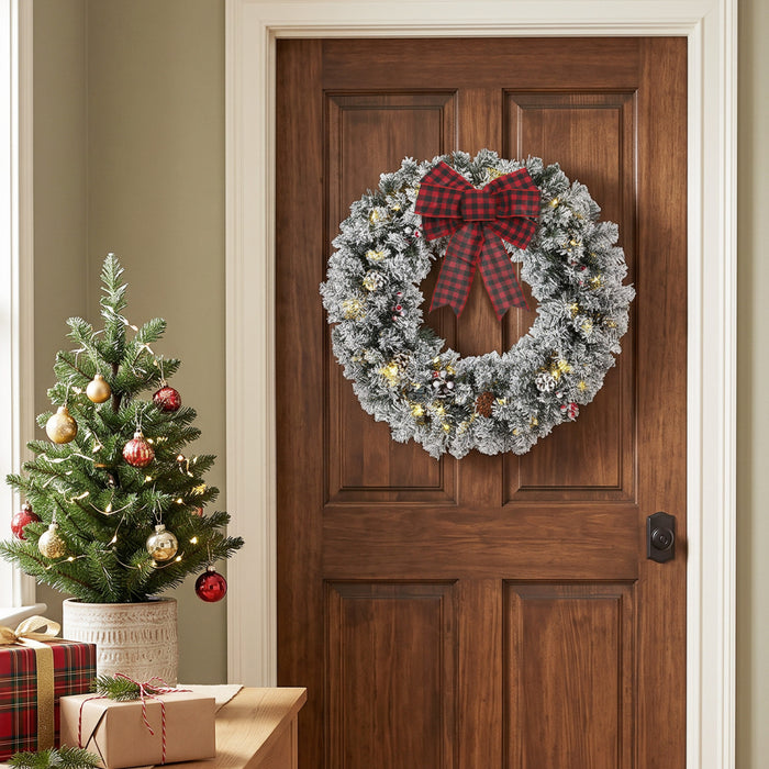 HOMCOM 24 Inch Pre-Lit Christmas Wreath, Flocked Winter Wreath, Green
