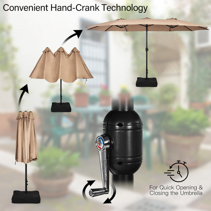 Costway 15FT Double-Sided Twin Patio Umbrella Outdoor Market W/ Crank & Base Coffee