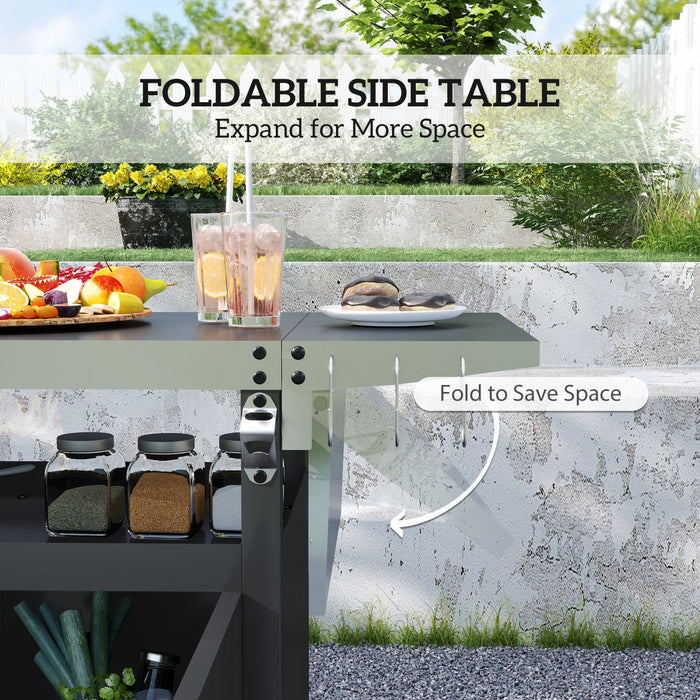 Outsunny Outdoor Grill Cart Table with Foldable Side Table, BBQ Grill Stand with Stainless Steel Top & Hooks, Mobile Pizza Oven Stand, 45.7\" x 19.7\", Black