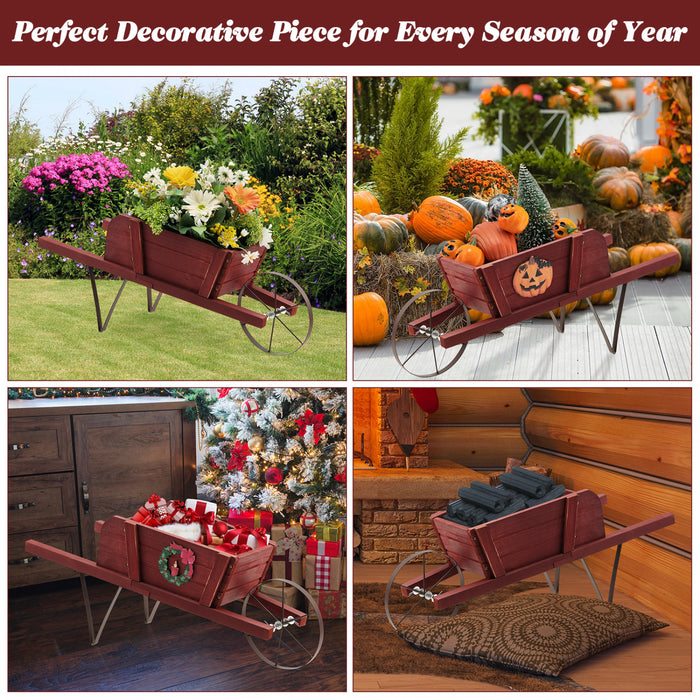 Costway Wooden Wagon Planter Decorative Indoor/outdoor Rustic Flower Cart With Wheel Red
