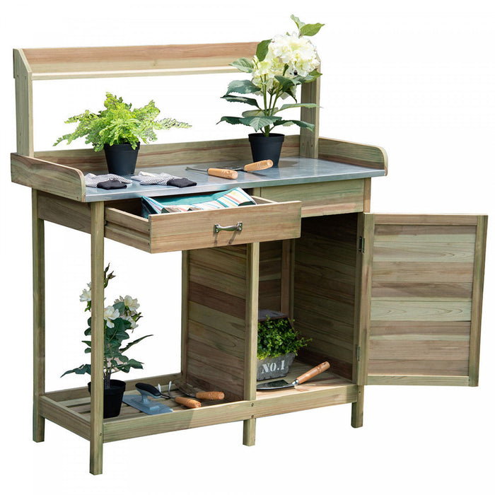 Costway Outdoor Potting Bench Garden Wooden Work Station Metal Tabletop Cabinet