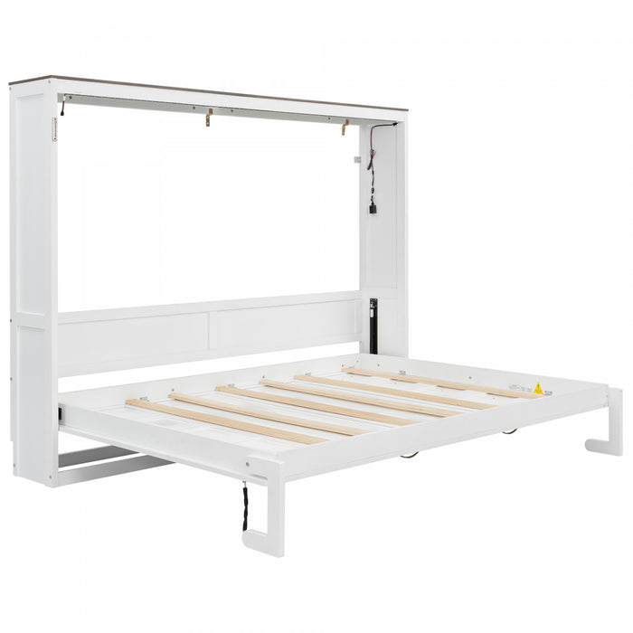 Olivia Solid Wood Murphy Bed with LED Light and Foldable Cabinet,Full Size,White Full Bed