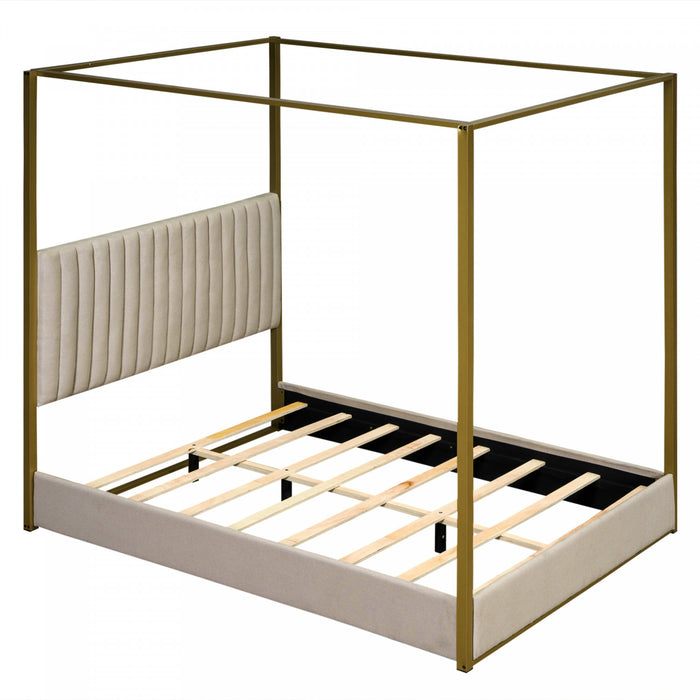 Sophia Upholstery Canopy Platform Bed with Foam Headboard and Velvet,Queen Size,Beige Queen Bed